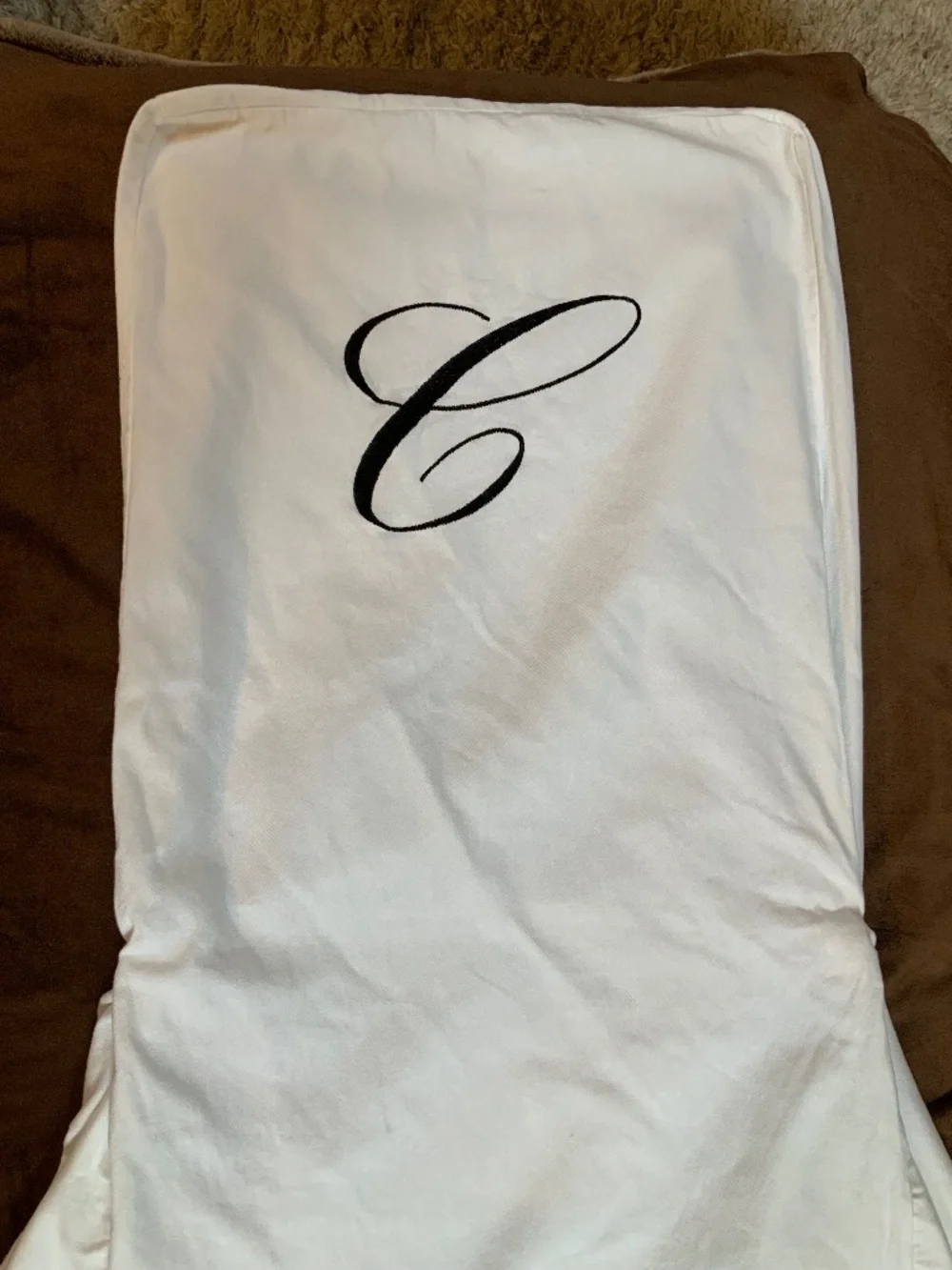 Chair Cover White Black Embroidered C on back Cotton Coastal Cottagecore Wedding